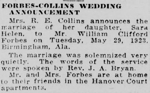 Sara Helen Collins-William Clifford Forbes